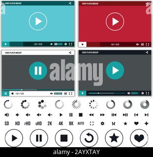 Media Player mit fest eingestellten Tasten für die Videosteuerung. Satz Schnittstellenplayer mit Tastenbedienung und Web-Video-Player. Vektorgrafiken Stock Vektor