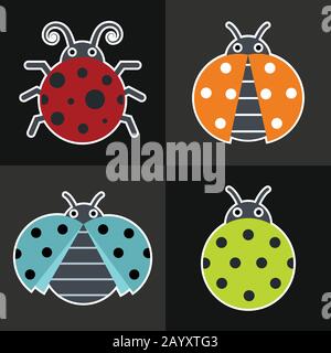 Ladybug-Symbole auf schwarzem Hintergrund. Ladybug mit Farbflügeln. Vektorgrafiken Stock Vektor