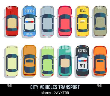 Autos Top view Vektor flachbild Stadt Fahrzeug transport Icons einstellen. Pkw für den Transport, auto Symbol Abbildung Stock Vektor