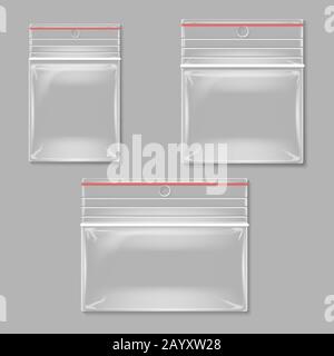 Leeres transparentes Kunststoff-Rucksack-Vektorset. Abbildung: Set aus leeren Behältern aus Kunststoff und Polyethylen Stock Vektor