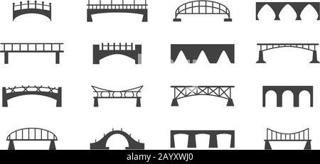 Bridges Vektor-Symbole festgelegt. Schwarze Silhouette des Brückenbauwerks, Fluss- und Eisenbahnillustration Stock Vektor