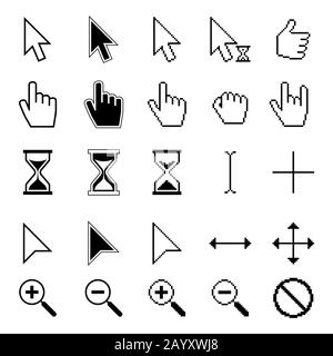 Different smooth and pixel mouse cursors vector set. Pixel cursor mouse, illustration arrow cursor Stock Vektor