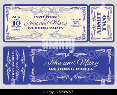 Vector Vintage Ticket Hochzeitseinladung. Karte zur Feier der Hochzeit und Einladung zur Hochzeit Illustration Stock Vektor