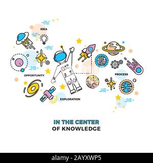 Astronaut im All mit Rakete. Kosmos Vektor Bildung Wissenschaftskonzept. Astronautenausbildung im Kosmos, Technologie zur Darstellung von Flugastronauten Stock Vektor