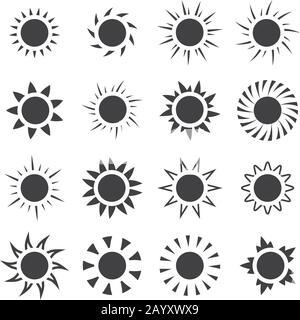 Vektor-Set mit Sonnensymbolen. Sonneneinstrahlung mit Sonneneinstrahlung erwärmen. Sun Summer Element Kollektion Stock Vektor