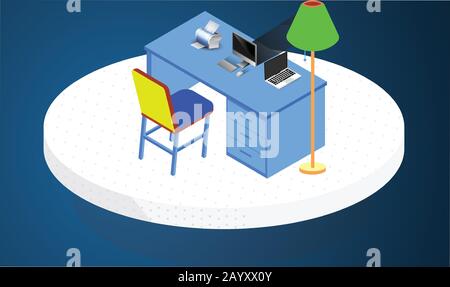 Büroarbeitstation mit Laptop und Drucker Stock Vektor