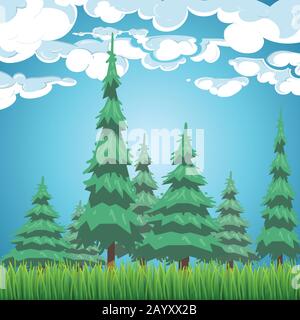 Fichtenwaldlandschaft. Naturansicht mit Tannen, Gras und Wolken Vektorgrafiken Stock Vektor