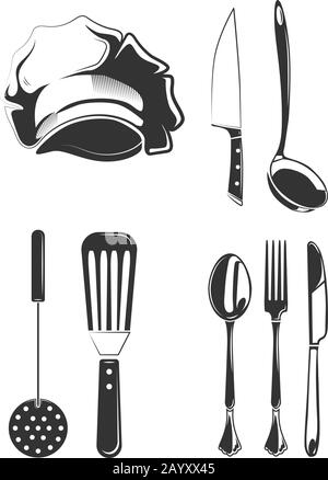 Elemente im Vintage-Stil für Restaurantetiketten, Abzeichen, Embleme, Logos. Element Küchenlöffel und Gabel für Logo, Messer und Utensil Zeichnung für Etikett und Logo. Vektorgrafiken Stock Vektor