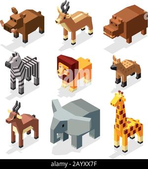 Isometrischer 3D-flacher Vektor-Vorrat afrikanischer Savannentiere. säugetier-afrikanische Elefanten- und Hyänen-Tiersavanne. Kreatur Wildtier Hirsche Tier im Savannengebiet Illustration Stock Vektor