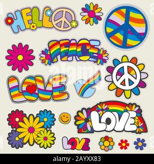 Vektorembleme mit Retro-Hippie-Patches. Love and Peace Patches, Illustrationssatz für Hippie Stock Vektor