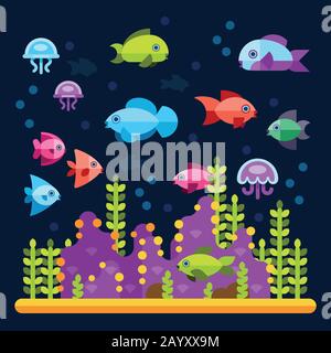 Unterwasserleben mit Meerestieren im flachen Stil. Wasserozean tierischer Fisch und Unterwasserabbildung Vektorfisch Stock Vektor