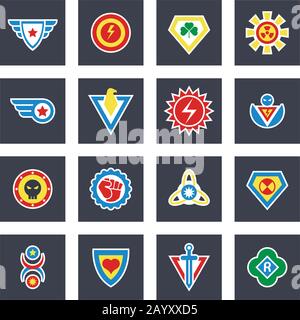 Superhelden-Farbvektor-Abzeichen, Embleme, Logos. Superhelden-Symbol, Power und Protect Insignia für Superheldenillustration Stock Vektor