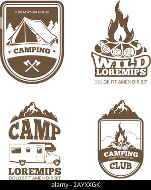 Wildnis und Naturerkundung Vintage Vektor-Etiketten, Embleme, Logos, Abzeichen. Vintage Badge Camping-Club und Illustrations-Emblem zum Campen Stock Vektor