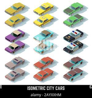 Isometrische CARS-Vektorsymbole in Vorder- und Rückansicht. Isometrisches Sammeltransportfahrzeug. Polizei und Taxi Modellauto Illustration Stock Vektor