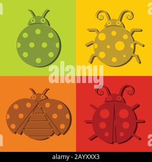 Ladybug-Symbole mit dunklem Schatten isoliert auf Farbhintergrund. Vektorgrafiken Stock Vektor