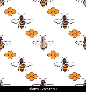 Bienen, Honigvektor nahtloses Muster in Braun und Orange. Wabenmuster, natürlicher Hintergrund Stock Vektor