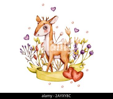 Niedliche Baby Rehe Tier und Blumen Kindergarten isolierte Illustration für Kinder, Junge, Mädchen, Kinder. Aquarell boho Waldzeichnung, Aquarellbild Perfe Stockfoto