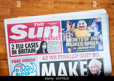 Die Titelseite und der Masskopf der Sun, einer britischen Boulevardzeitung. Stockfoto