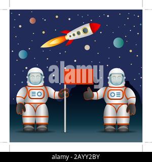 Astronauten auf der Oberfläche des Planeten eine Flagge. Raumfahrt und Astronautik. Die Rakete und der Sternenhimmel. Vektorgrafiken. Stock Vektor