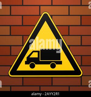 Internationales Warnschild für die Sicherheit. Achten Sie auf das Auto, Das Schild auf dem Hintergrund der Ziegelwand. Schwarzes Bild auf gelbem Dreieck. Vektor Stock Vektor