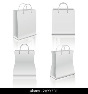 Weiß realistische Leerpapier Einkaufstaschen Vektor-Set. Papiertasche zum Einkaufen, Illustrationstasche für Waren Stock Vektor