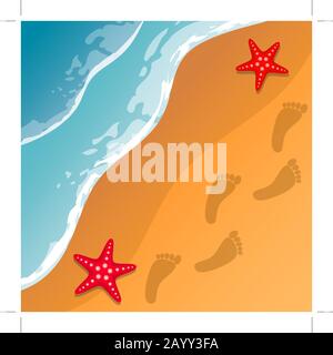 Strandhintergrund. Seeufer. Die Wellen und der Sand. Seesterne. Spuren von Füßen im Sand. Vektor. Stock Vektor