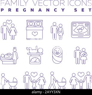 Medizinische Versorgung der Familie und Schwangerschaftsmedizin - dünne Linien - Vektorsymbole. Familie mit schwangeren Frauen, Illustration der Entstehung junger Familie Stock Vektor