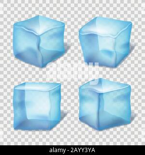Transparente blaue Eiswürfel im Plaid Hintergrund. Realistisches Eis in Würfelform, Sammlung von transparentem Eisstück. Vektorgrafiken Stock Vektor