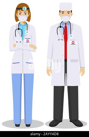 Medizinisches Teamwork-Konzept. Detaillierte Darstellung Paar Sanitäter, Frau, Notarzt, Pfleger in flachem Stil. Ärzte stehen Stock Vektor