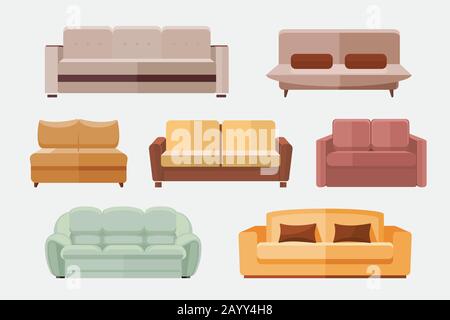 Sofa und Sofas Möbel flache Vektorsymbole gesetzt. Möbeltischler für den Innenbereich. Set mit Icon-Sofa für Raumabbildung Stock Vektor