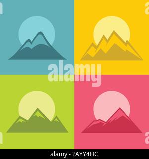 Flache Bergsymbole mit isolierter Sonne auf Farbhintergrund. Logo für Tourismus und Urlaub, Vektorgrafiken Stock Vektor