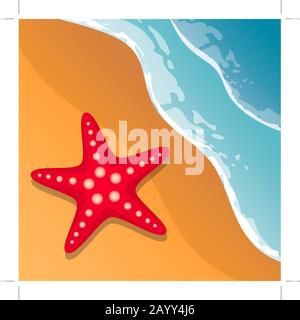 Strandhintergrund. Seeufer. Die Wellen und der Sand. Seesterne. Vektorbild. Stock Vektor