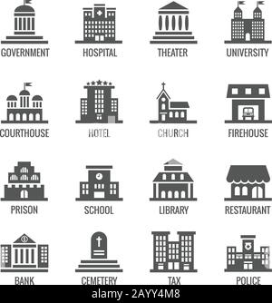 Vektorsymbole für öffentliche Gebäude festgelegt. Gebäudesymbol für öffentliche und architektonische Gebäude, Stadtbild der Regierung Stock Vektor