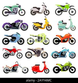 Klassische Motorrad Motorrad Vektor-Symbole flach. Set mit Motorrad, Illustrationssatz von Motobike für den Transport Stock Vektor