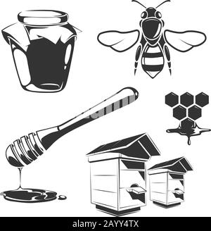 Vektorelemente für Honigetiketten. Honignaturkost und süße Honigillustrierung Stock Vektor