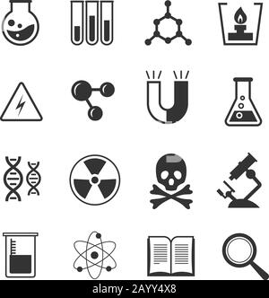 Satz von Chemie-Vektor-Symbolen. Wissenschaft und Forschung Chemie, Illustration der Studienchemie mit dem Anwendungsmikroskop Stock Vektor