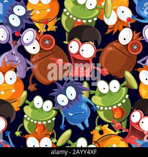 Nahtloses Monster-Vektormuster auf schwarzem Hintergrund. Bunte Monster Hintergrund, fröhliche Charakter Monster Illustration Stock Vektor