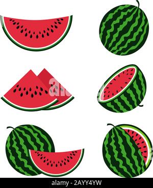 Wassermelonen und Wassermelonenscheiben flaches Cartoon-Vektorset. FMesh und süße Früchte organische Illustration Stock Vektor