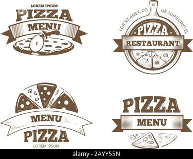 Pizza Menü Restaurant Vektor Etiketten, Logos, Abzeichen, Embleme Set. Logo für italienische Pizzeria, Restaurant-Emblem mit Pizza-Illustration Stock Vektor