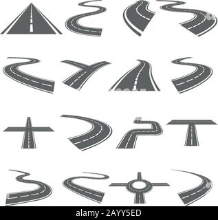 Vektorsatz für gekrümmte Straßen. Asphalt Straße oder Weg und Kurve Straße Autobahn für Verkehrsabbildung Stock Vektor