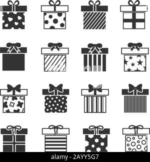 Vektorsymbole für Geschenkschachtel. Set mit Schachtel für weihnachtsgeschenk, Illustrationsgeschenk in monochromem Stil Stock Vektor