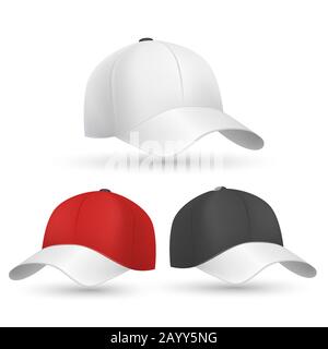 Baseball-Cap-Vorlagen für schwarze, weiße und rote Vektoren. Kappe für Schutzkopf vor Sonne und Abbildung Modellkappe für Baseball Stock Vektor