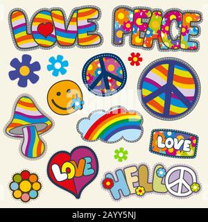 Vektor-Set mit alten Hippie-Patches. Set mit Aufschlägen Hippie Blume und Herz, Hippie Element mit Farbmusterillustration Stock Vektor