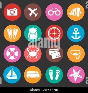 Vektorsymbole für Urlaubsreisen. Sommerzeit-Symbol für Urlaub auf Reisen, Abbildung Symbole für Sommerferien Stock Vektor