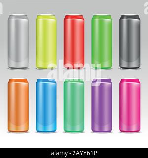 Aluminium-realistische Farb-Vektor-Getränkedosen. Farbbehälter aus Aluminium für Wasser oder Bier, farbige Aluminiumdosen Getränkeabbildung Stock Vektor