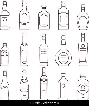 Alkoholgetränkeflaschen. Typen von Alkoholumrandungen, Satz von Symbolen Flaschen Vektorgrafiken Stock Vektor