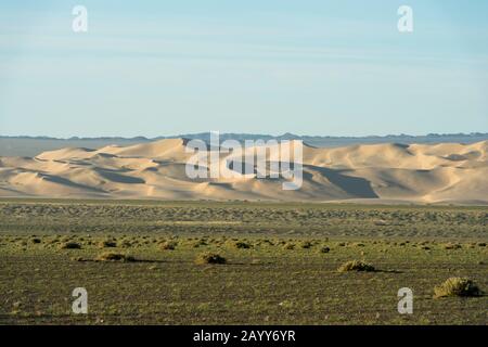 Blick auf die Sanddünen der Hongoryn Els in der Wüste Gobi im Süden der Mongolei. Stockfoto