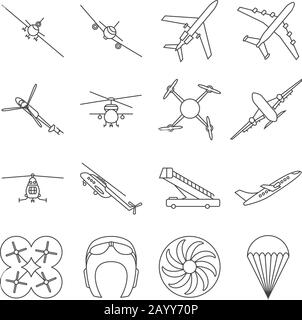 Symbole für dünne Linien in der Luftfahrt festgelegt. Flugzeug in linearem Stil, Abbildung von Luftfahrt-Transportflugzeugen und Hubschraubern Stock Vektor