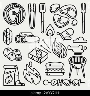 Grillen und Grillen Sie dünne Linien Vektor-Symbole. picknick-bbq-Symbol und Kochen bbq-Linear-Style-Illustration Stock Vektor