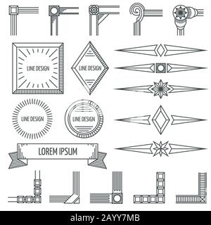 Vintage dünne Linie geometrische Vektoren Formen Rahmen Ecken. Linearer Satz von Rahmen- und Bildrahmen Rahmenlinie Stock Vektor